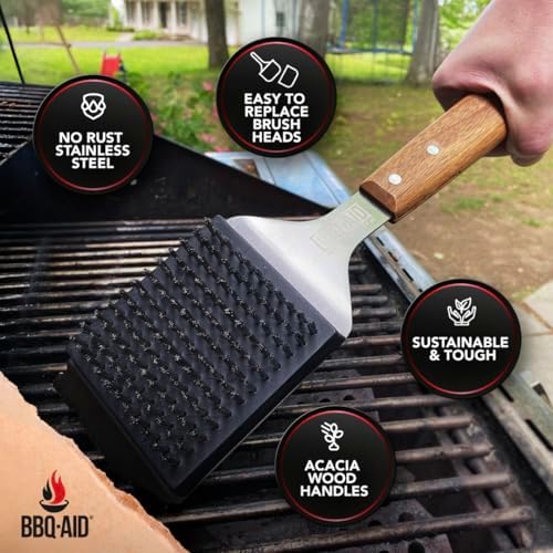 BBQ-Aid Grill Brush and Scraper for Barbecue – Grill Brush for Outdoor Grill with Extended, Large Wooden Handle and Replaceable Stainless Steel Bristles Head –No Scratch- BBQ Grill Brush for Any Grill - Image 6