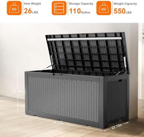 ROJIK Outdoor Storage Housing Deck Box - Waterproof Patio Furniture, Garden Tools, Cushions, Pool Accessories Storage Bench with Lockable Lid and Side Handles (Black 110 Gal) - Image 2