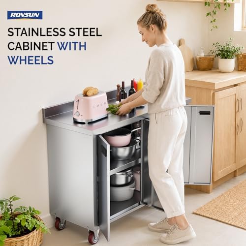 ROVSUN Stainless Steel Table with Cabinet & Wheels 47" x 19"，Commercial Pre Table with Backsplash, Heavy Duty Work Table with 4 Doors, Large Space Storage for Kitchen Restaurant Hotel Garage - Image 5
