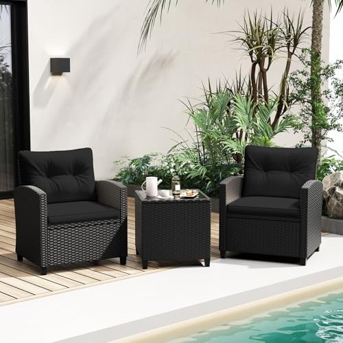 RELAX4LIFE 3-Piece Patio Furniture Set - Wicker Rattan Bistro Sofa Set with Glass Top Coffee Table, Washable Cushions for Porch, Balcony, Backyard, Poolside, Outdoor Conversation Set (Black) by RELAX4LIFE