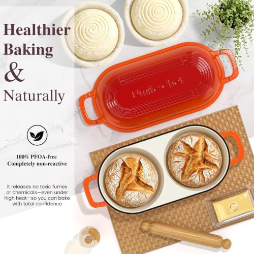 Umite Chef Complete Mini Double Dutch Oven Kit for Sourdough Bread – Enameled Cast Iron Bread Pan with Deep Dual Loaf Pots, Includes 5" Banneton Basket & Cotton Potholders, 500°F Oven Safe (Orange) - Image 5