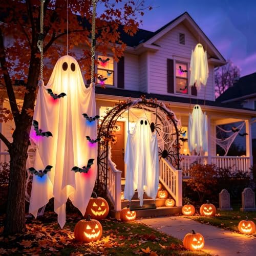 5FT Halloween Hanging Swing Ghost Decorations Outdoor with Lights, Large Hanging Swing Ghost with 6 3D Bats, Remote Timer Waterproof Ghost Decor for Front Porch Yard Tree - Image 3