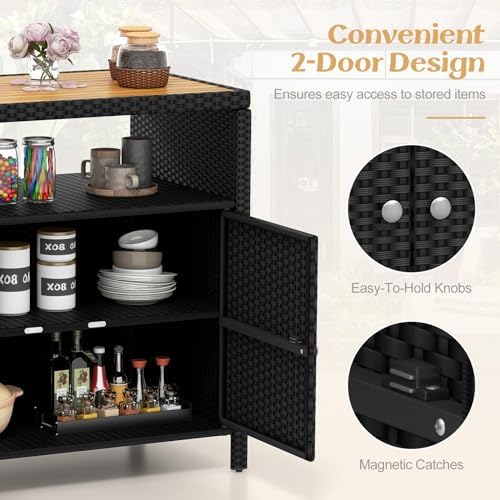 Tangkula Rattan Outdoor Storage Cabinet, Patiojoy Outdoor Cabinet with Acacia Wood Countertop, Open Compartment, 2-Door Wicker Sideboard, Outdoor Bar for Patio Garden Backyard Poolside (Black) - Image 6