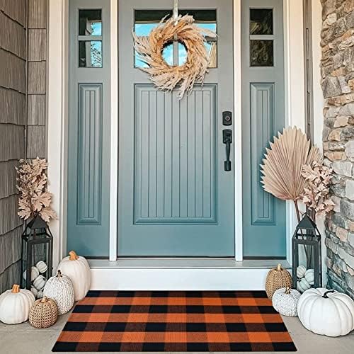 MUBIN Fall Decor Cotton Buffalo Plaid Rug, 27.5x43 Orange Black Outdoor Rug Front Door Decorative Mat, Washable Halloween Doormat Foldable Area Rug Layered Door Mats Rug for Front Porch, Entryway - Image 4