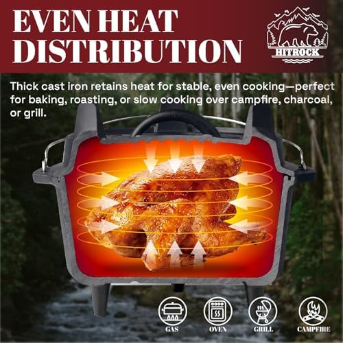 HITROCK Cast Iron Camp Dutch Oven with Legs 5QT, Pre-Seasoned Camping Dutch Oven with Lid,Outdoor Pot with Lid Lifter, Storage Bag & Handle for Camping, Baking, Grilling, Rounded-square Shape - Image 2