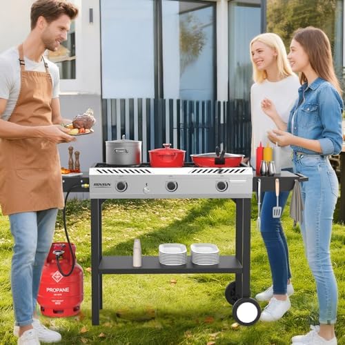 ROVSUN 3 Burner Propane Stove with Auto Ignition, 225,000 BTU Gas Stove with Side Shelves, Rolling Wheels & Regulator for Home Outdoor Backyard Camping Cooking Frying Brewing Canning - Image 7