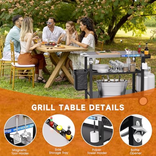 Grill Table, Stainless Steel Grill Cart with Three-Shelf, Movable Pizza Oven Table with Side Tray ＆ Trash Bag Holder, Outdoor Grill Stand with Hooks for Food Prep, Outside Tailgating, Camping - Image 3