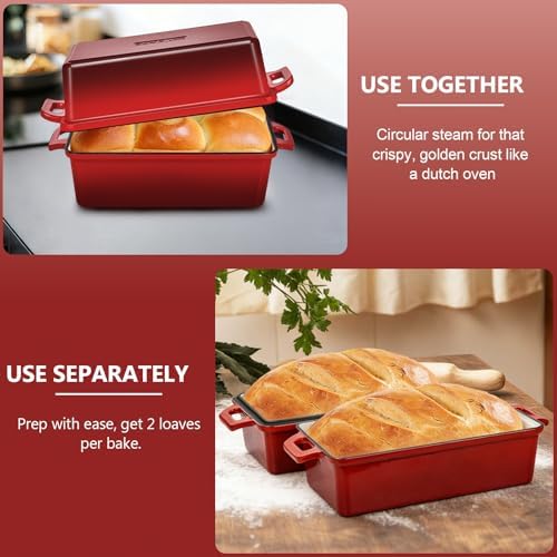 Wildone 2 in 1 Enameled Cast Iron Bread Pan with Lid, 9x5 Loaf Pans for Homemade Sourdough Bread, Cake, Meatloaf, Even Heating Bread Dutch Oven, Red - Image 3