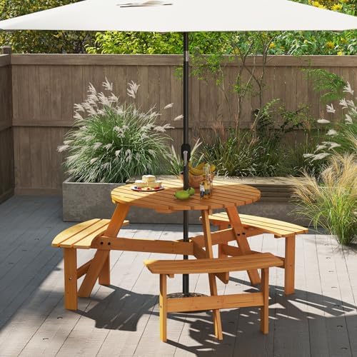 Giantex 6-Person Round Picnic Table Set with 3 Benches, 550 LBS Bench Capacity, 2" Umbrella Hole, Circular Outdoor Wood Dining Table & Chairs for Patio Yard Garden Porch Deck (68”x62”x28”,Yellow) - Image 2