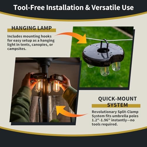 Patio Umbrella Light with Remote Control, Rechargeable Cordless LED Edison Bulbs Pole Light with 10 Brightness Levels for Garden, Patio, Backyard, Camping or BBQ - Brown (2 Pack) - Image 2