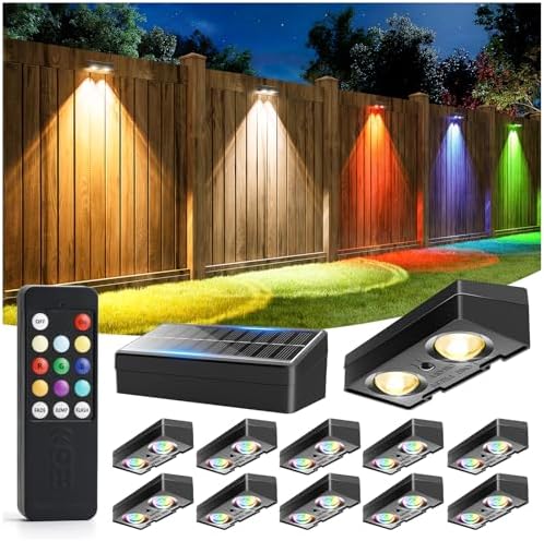 JOFIOS Fence Lights Solar Powered with Remote 12 Pack, Warm White, Cool White and RGB Color Glow LED Solar Lights Outdoor, Dusk to Dawn Solar Fence Lights for Patio, Backyard, Railing, Deck, and Wall by JOFIOS