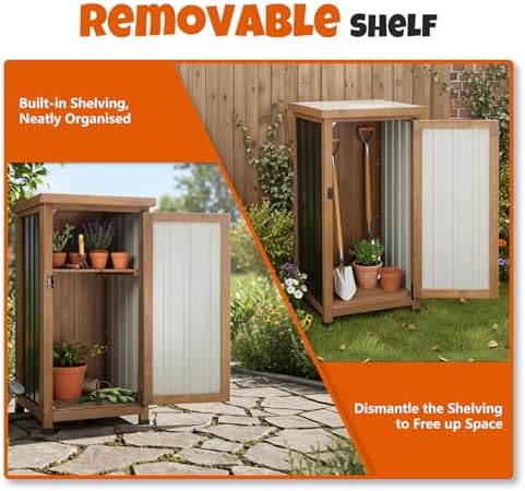 Small Outdoor Storage Cabinet, Wood & Metal Storage Shed with Weatherproof Roof, Removable Shelf, Lockable Door, 2 Metal Hinges, Adjustable Feet, Outside Storage Cabinet - Image 3