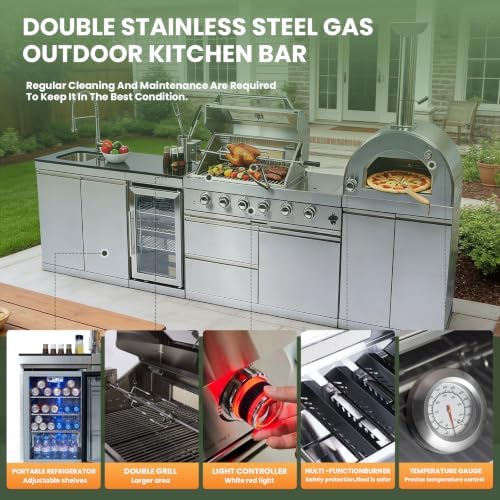 125" Outdoor Kitchen Island,Stainless Steel Natural Gas BBQ Grill with with Standalone Side Burner Pizza Oven, Rotisserie, Refrigerator, Granite Countertop, Storage Cabinets Drawers 108000 BTU. - Image 4