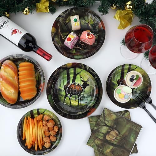 Hunting Camo Party Plates Napkins Deer Hunting Dinnerware Hunter Camo Themed Birthday Party Tableware Set Disposable Forks Dessert Supplies for Outdoor Tournament Events Family Picnic Decors Serves 24 - Image 5