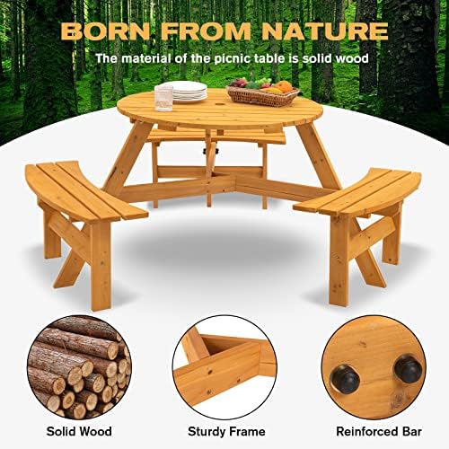 6-Person Circular Outdoor Wooden Picnic Table for Patio, Backyard, Garden, DIY w/ 3 Built-in Benches, 1720lb Capacity - Natural - Image 4