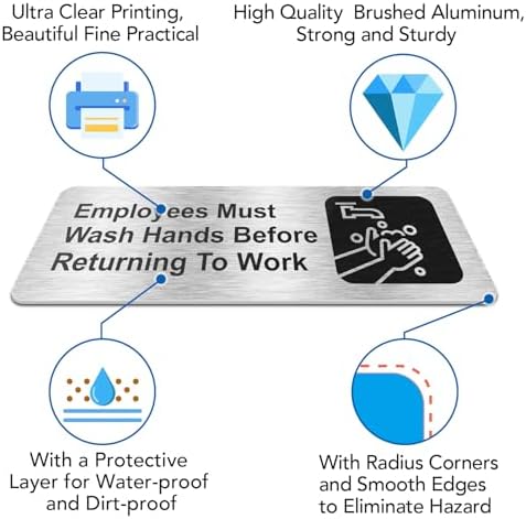 Faittoo Employees Must Wash Hands Before Returning to Work Sign, (8 Pack) Rust Free Brushed Aluminum Sign with Symbols, Self-adhesive, for Restaurant, Salons, Hotel, Rest Stops, Public Restrooms - Image 3
