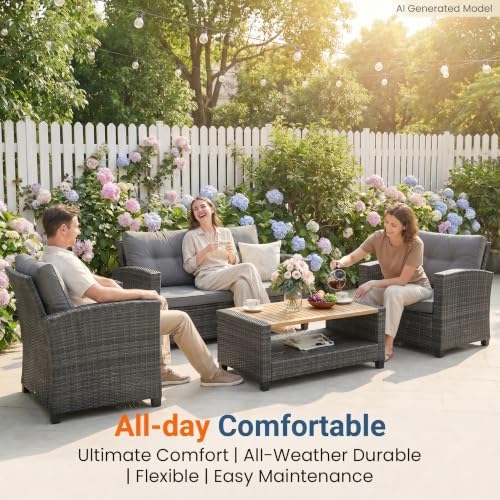Wisteria Lane 4 Piece Patio Furniture Set, Wicker Outdoor Patio Conversation Furniture Set, All Weather Outdoor Patio Sofa with Cushion and Wood Table, Dark Gray - Image 3