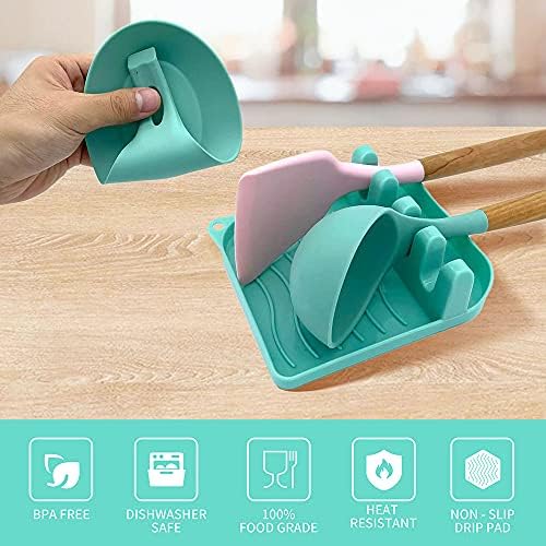 2 Pack Multiple Utensil Spoon Rest with Drip Pad Non-Slip Heat Resistant Kitchen and Grill Spoon Holder for Spatula, Ladle, Tongs, Kitchen Gadgets, and Cooking Accessories (Lake Green) - Image 3