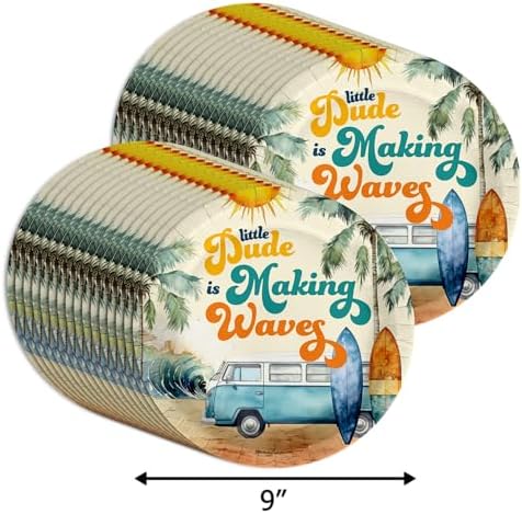 Birthday Galore Little Dude Making Waves Surfing Baby Shower - 32 Piece Disposable Party Supplies - Surfer Baby Shower Decorations - Round Party Plates - Large 9" Paper Plates In Bulk - Image 2