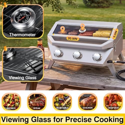 Bestfire 3-Burner Tabletop Propane Gas Grill, 30,000 BTU Portable Propane BBQ Grill with Viewing Glass Lid & Thermometer, Stainless Steel Outdoor Cooking Grill for Camping, RV, Patio and Tailgating - Image 6