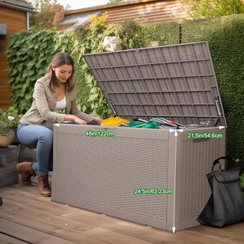 PatioZen 120 Gallon Outdoor Deck Box,Waterproof Resin Outdoor Storage Boxes, Outside Storage Lockable Container for Garden Tools,Indooor Cushions,Accessories (Grey) - Image 2