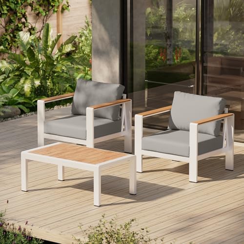 Aluminum Outdoor Sofa Bistro Set, 3 Piece Outdoor Patio Furniture Set with Washable Thick Cushion, Patio Sectional Furniture Set for Porch, Balcony, Deck, Yard, White by Oasbira