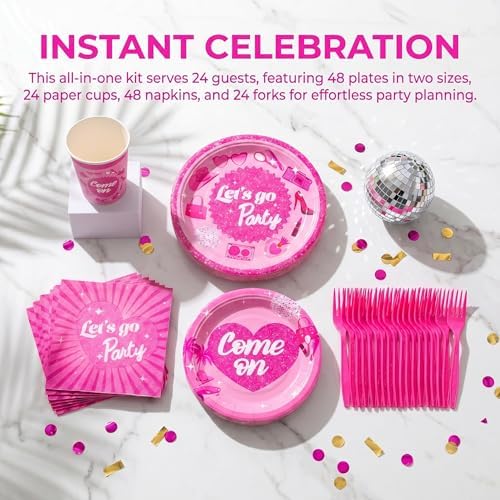144 Pcs Let's Go Party Tableware Set for 24 Guests, Heavy-Duty 7" & 9" Paper Plates, Cups, 2-Ply 13" Napkins & Plastic Forks, Disposable Pink Party Supplies for Wedding Bridal Shower Party - Image 5