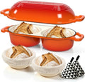 Umite Chef Complete Mini Double Dutch Oven Kit for Sourdough Bread – Enameled Cast Iron Bread Pan with Deep Dual Loaf Pots, Includes 5" Banneton Basket & Cotton Potholders, 500°F Oven Safe (Orange) by UmiteChef