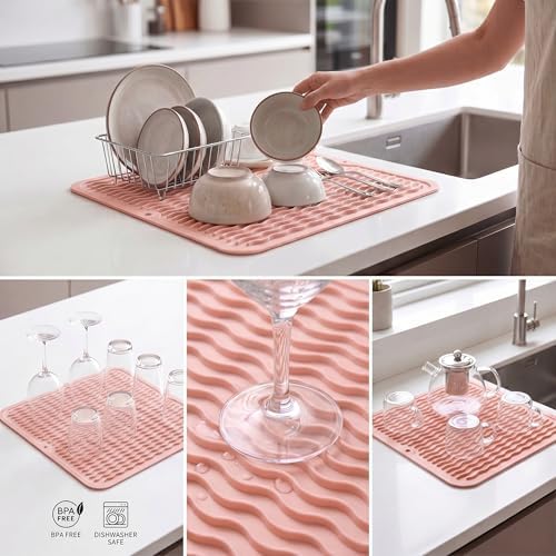MicoYang Silicone Dish Drying Mat for Multiple Usage,Easy clean,Eco-friendly,Heat-resistant Silicone Mat for Kitchen Counter or Sink,Refrigerator or Drawer liner Pink M 12 inches x 12 inches - Image 4
