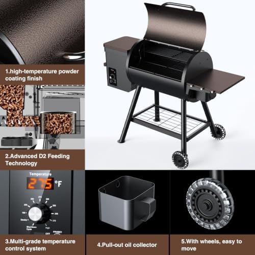 KingChii 456 SQ.IN Pellet Grill Smoker with Side Shelf, 8 IN 1 BBQ Grill with PID Temperature Control for Outdoor Cooking, BBQ Camping and Patio-Brown - Image 5