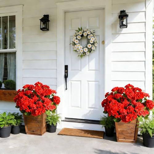 Fake Outdoor Flowers, 8 Pcs Artificial Flowers For Outdoors, Red Artificial Geraniums Plastic Flowers, Fake Plant For Outside, Silk Faux Flowers For Outdoor Planters UV Resistant For Front Porch - Image 2