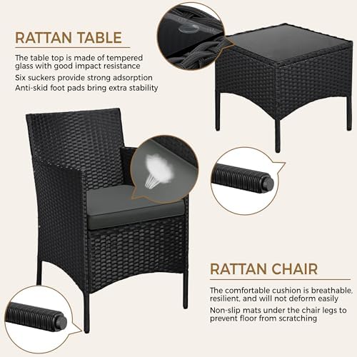 Yaheetech 3 Pieces Patio Porch Furniture Set, Outdoor PE Rattan Wicker Conversation Set with Soft Cushions, Glass Coffee Table & 2 Chairs for Garden/Deck/Courtyard/Poolside, Black/Gray - Image 3