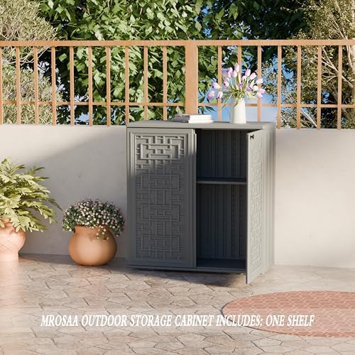 Mrosaa Indoor Outdoor Storage Cabinet Waterproof with Shelf,Plastic Storage Sheds Outdoor Cabinets for Patio/Garden/Backyard, Size 34.3''L*15''W*36.2''H（Gray） - Image 5