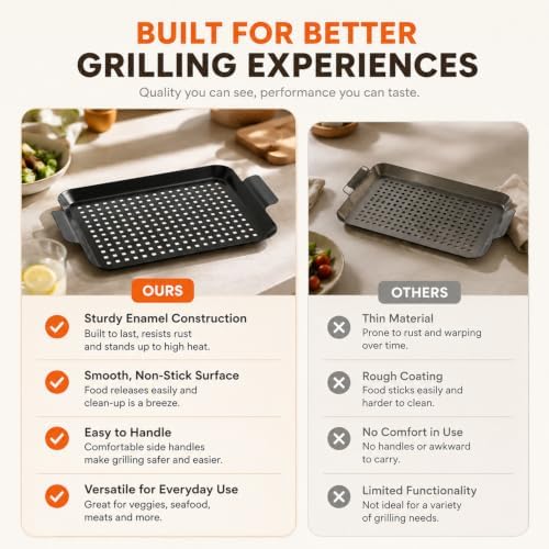 Outdoor Grill Pans: Enamel Non‑Stick Grill topper - Grill Tray with hole, Grilling Baskets Outdoor Set for Vegetable, Meat (dark black) - Image 6