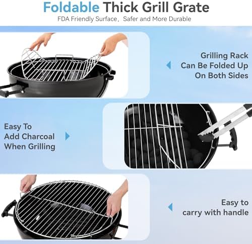 22 inch Kettle Charcoal BBQ Grill with Wheels for Outdoor Cooking - Image 6