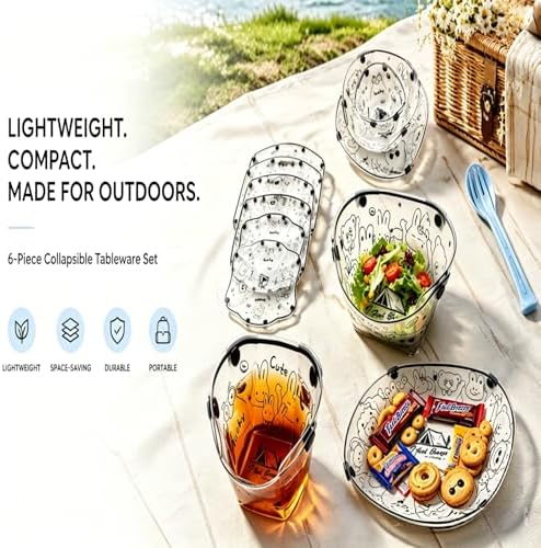 Collapsible Camping Tableware Set - 6 Pack Foldable Cups, Bowls & Plates Combo with Utensils, Lightweight, Portable, Easy to Clean & Heat Resistant for Picnic, Hiking, Travel, RV - Image 2