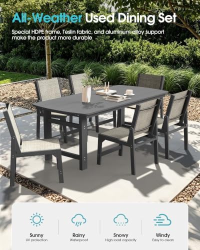 Ciokea HDPE Outdoor Dining Set, Patio Table and 6 Stackable Chairs, Grey - Image 3