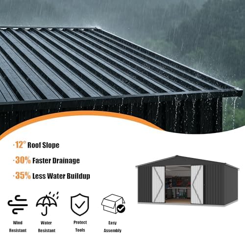 14x12 FT Outdoor Storage Shed, Metal Garden Shed with Lockable Door & Sloped Roof, Large Waterproof Utility Tool Shed for Backyard, Garden, Patio, Lawn, Black - Image 5