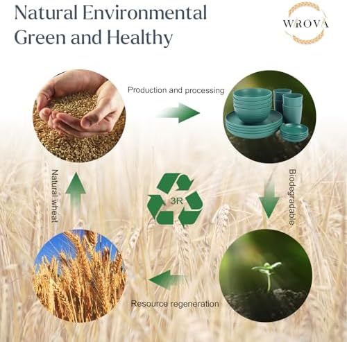 Wrova Wheat straw plates and bowls set of 16 - Unbreakable wheat straw dinnerware sets for kids - Alternative plastic dinnerware set service for 4 - Microwave safe and Dishwasher safe bowls. Green - Image 6