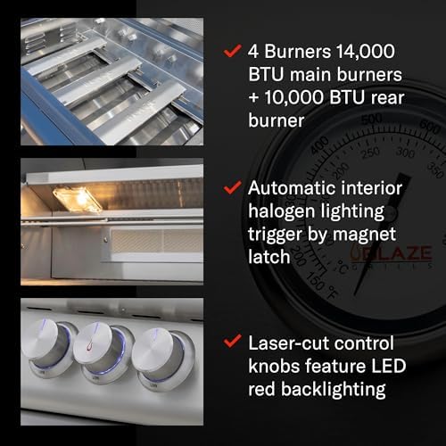 Blaze Premium LTE+ 32-Inch 4-Burner Built-In Propane Gas Grill | Stainless Steel Outdoor BBQ with Rear Infrared Burner, LED Control Knobs & Lift-Assist Hood | BLZ-4LTE3-LP - Image 3