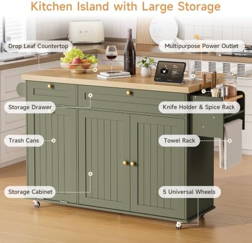 ONBRILL 60" Kitchen Island with Trash Can Storage, Rolling Island Table - Image 3