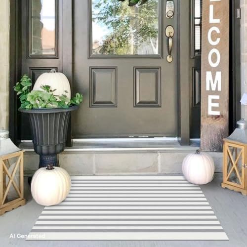 IOHOUZE 2x3 Striped Outdoor Door Mat, Washable Porch Rug, Grey White by iOhouze