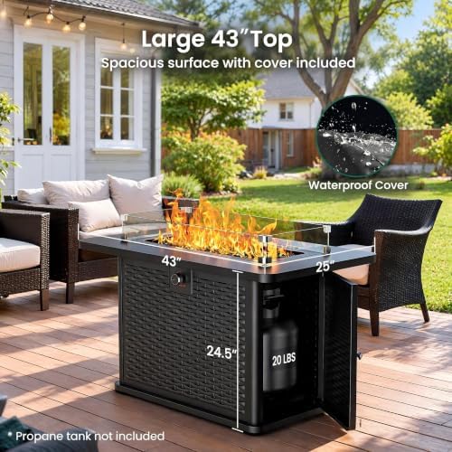 Ciays 43-Inch Rectangular Propane Fire Pit with 60,000 BTU Output, Fire Pit Table Premium Gas for Outside Patio with 304 Stainless Steel H-Burner, Glass Stones, and Wind Guard,Black - Image 3