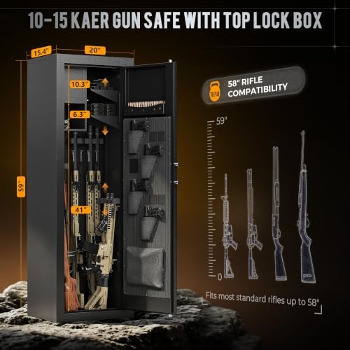 KAER 59" Tall Biometric Gun Safe for Rifles and Pistols with Top Lock Box, 10-15 Quick Access Rifle Safe with Adjustable Shelves & Rack, Door Organizer, LED Light, Long Gun Cabinet for Home Office - Image 2