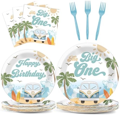 Summer Beach The Big One Party Plates Napkins Boy Surfing First Birthday Decoration Set Hawaiian Palm Tree Dinner Dessert Tableware for Retro Wave Theme Birthday Party Decoration Supplies Serve 24 by Naozinebi