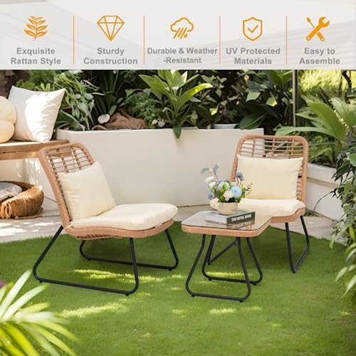 Tappio 3 Piece Outdoor Wicker Furniture Patio Bistro Set, Balcony Furniture Rattan Conversation Sets with Cushions, Wicker Patio Chairs Patio Furniture Set for Outdoor Poolside Garden - Image 6