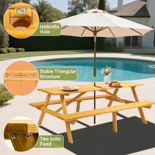 75" Rectangular Outdoor Picnic Table with Built-in Benches & Umbrella Hole,8-Person Heavy-Duty Solid Wood Dining Table,2220lb Capacity Natural for Camping, Garden & BBQ Social Events - Image 5