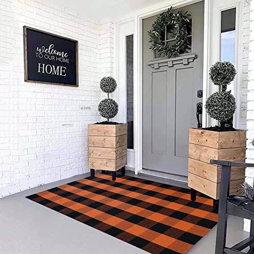 MUBIN Fall Decor Cotton Buffalo Plaid Rug, 3' x 5' Orange Black Outdoor Rug Front Door Decorative Mat, Washable Halloween Doormat Foldable Area Rug Layered Door Mats Rug for Front Porch, Entryway - Image 4