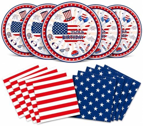 40PCS 4th of July Party Supplies, 250th Anniversary American Flag Patriotic Plates and Napkins, Disposable Fourth of July Paper Plates & Napkins for Veterans Day, Election Day & Independence Day Decor by Actoridae