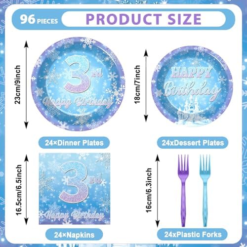 Snowflake Winter Wonderland 3rd Birthday Paper Plates Napkins Forks Disposable Dinnerware Happy 3rd Birthday Blue and Purple Winter Snowflake Tableware for Kids Christmas onderland Party Decorations - Image 2